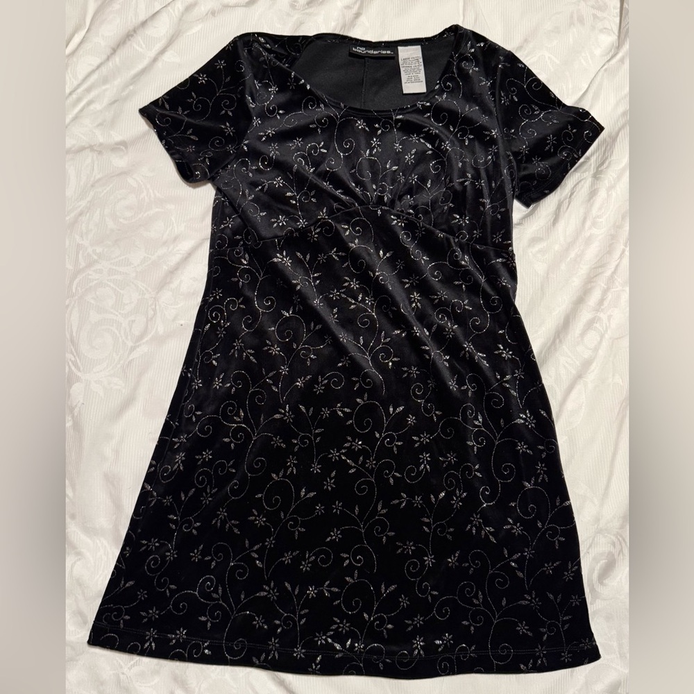 VINTAGE Y2K No Boundaries Black Velvet Mini Dress with Glitter Floral Pattern
